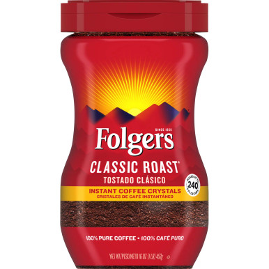 Folgers Instant Coffee Crystals, Classic Roast, 16 oz