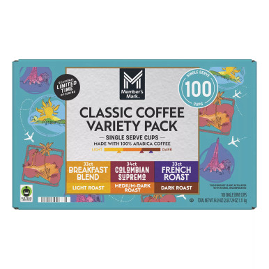 Member's Mark Classic Coffee Variety Pack, 100 Single Serve Cups, Light to Dark Roast, Breakfast Blend, Colombian Supremo, French Roast