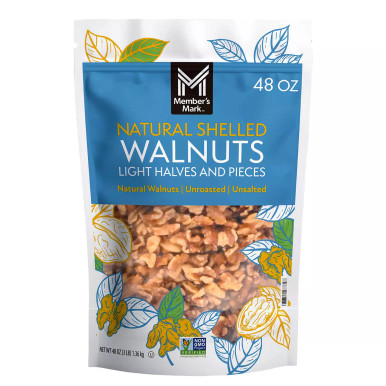 Member's Mark Natural Shelled Walnuts, Light Halves and Pieces, Unroasted Unsalted, 48 oz