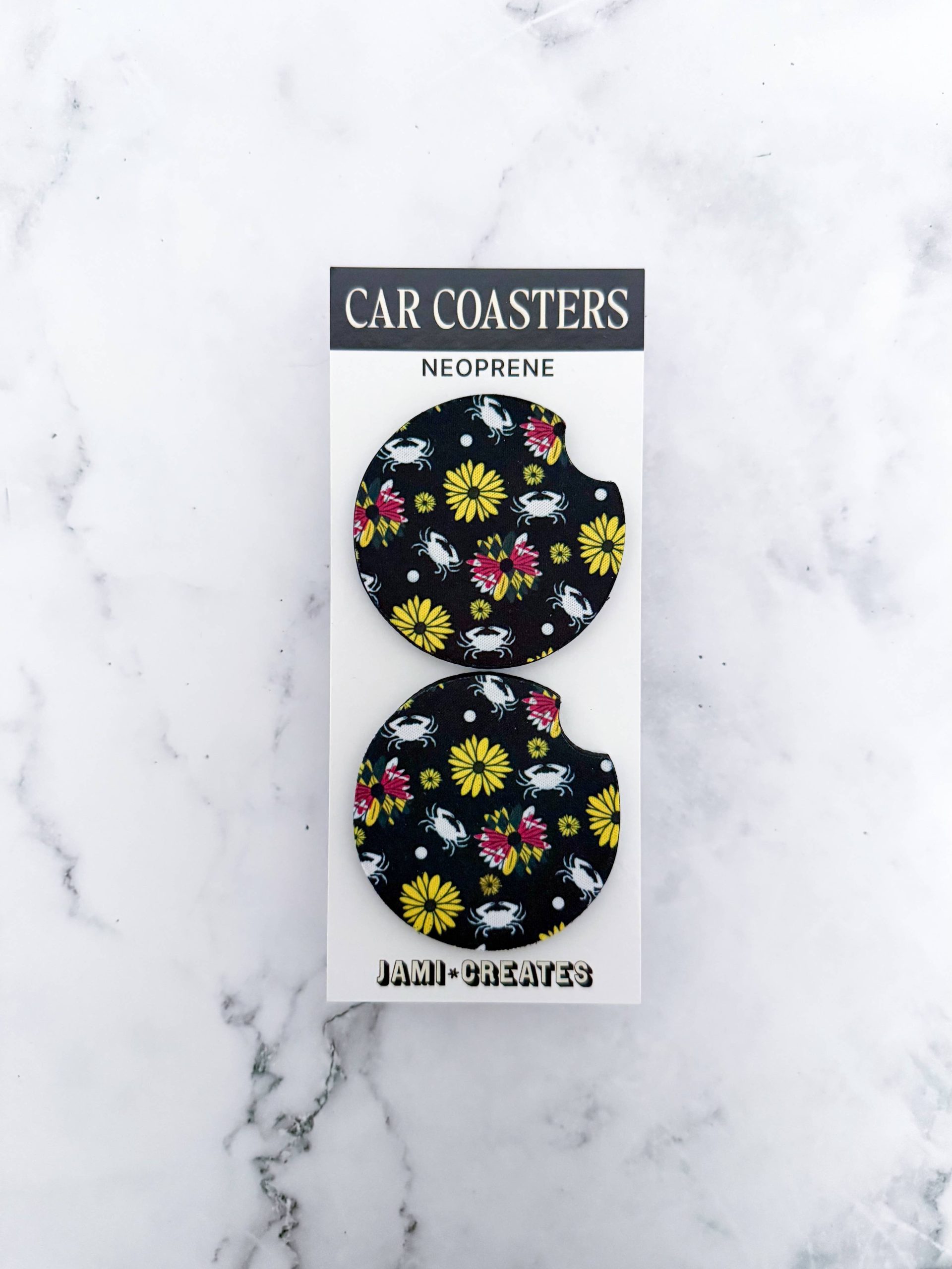 Jami Creates - Black Maryland Flower Crab Print Car Coasters