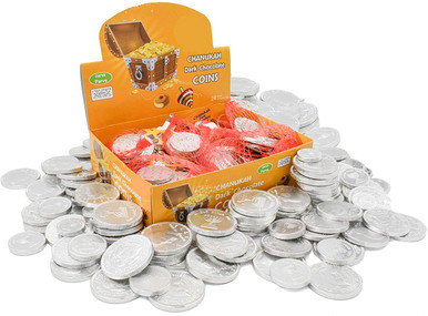 Hanukkah Dark Chocolate Gelt Coins, Kosher Parve, 24 Mesh Bags