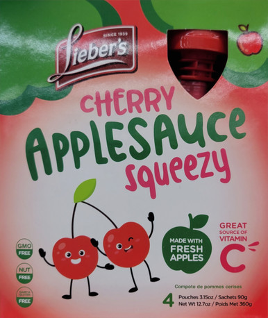 Lieber's Cherry Applesauce Squeezy Pouches, Kosher for Passover, 4 Count