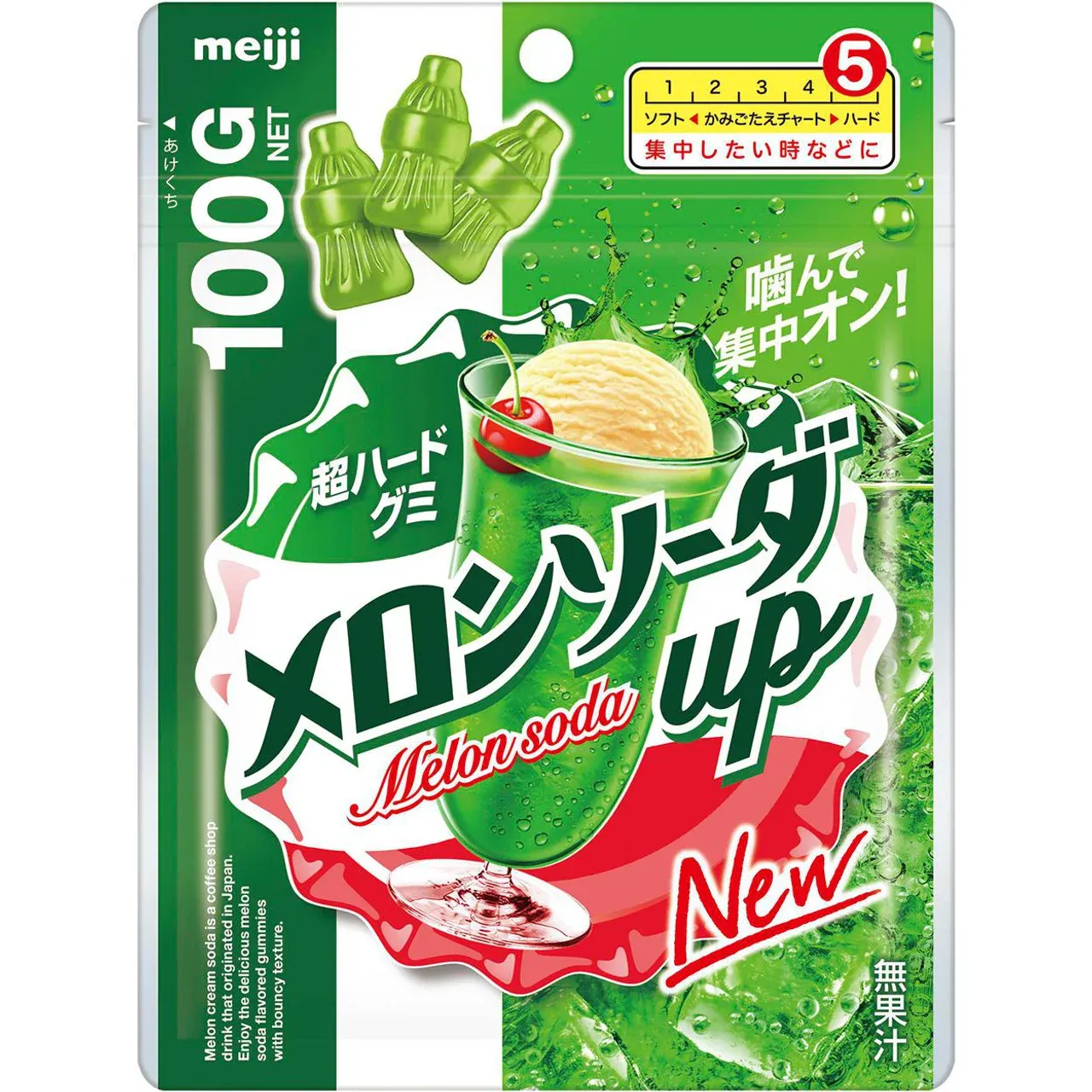 Meiji, Melon Soda Up, Melon Cream Soda flavor, Hard Gummy Candy, 100g