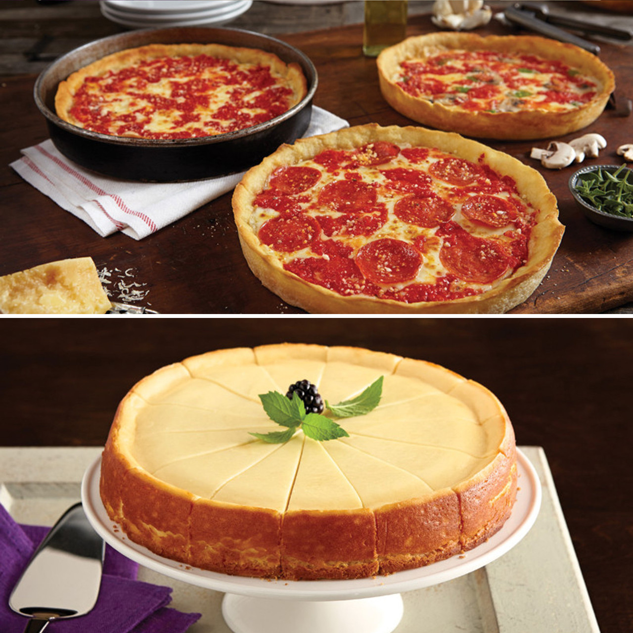 1 Eli's Plain Cheesecake & 3 Lou's Pizzas