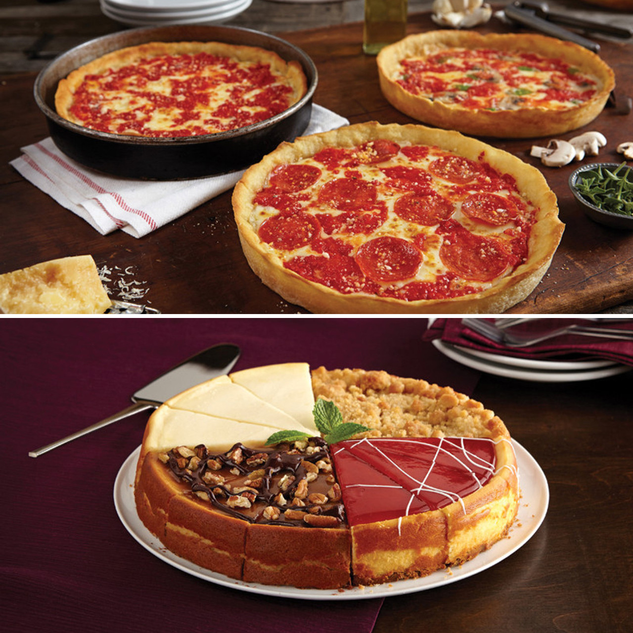 1 Eli's Sampler Cheesecake & 3 Lou's Pizzas