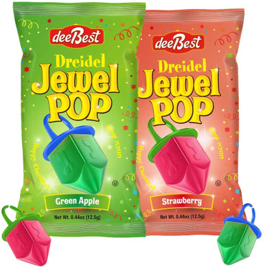 Dreidel Jewel Pop Ring Candy, Kosher Hanukkah Treats, Green Apple and Strawberry Flavors, 18 Count