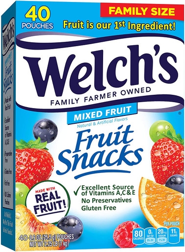 Welch's Fruit Snacks, Mixed Fruit, Gluten Free, Bulk Pack, 0.9 oz Individual Single Serve Bags (Pack of 40)