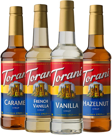 Torani Variety Pack Caramel, French Vanilla, Vanilla & Hazelnut, 25.4 Ounces (Pack of 4)