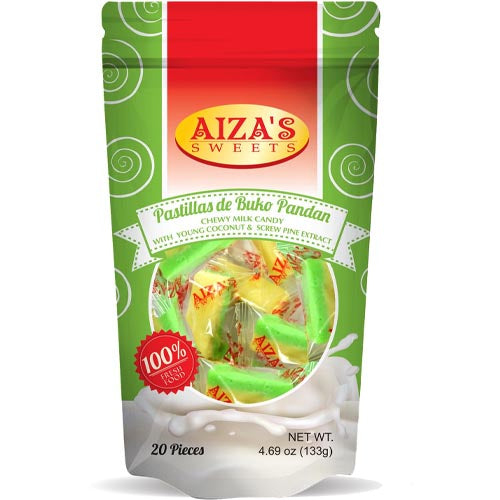 Aiza's Sweets - Pastillas de Buko Pandan - Chewy Milk Candy with Young Coconut and Screw Pine Extract - 20 Pieces - 133 G