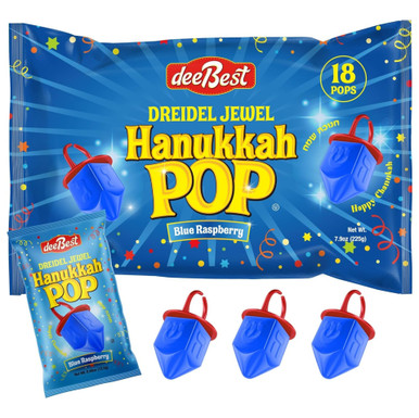 Dreidel Jewel Pop Hanukkah Blue Raspberry Ring-Shaped Lollipops, Kosher Candy, Individual Wrapped Holiday Treats, 18 Count