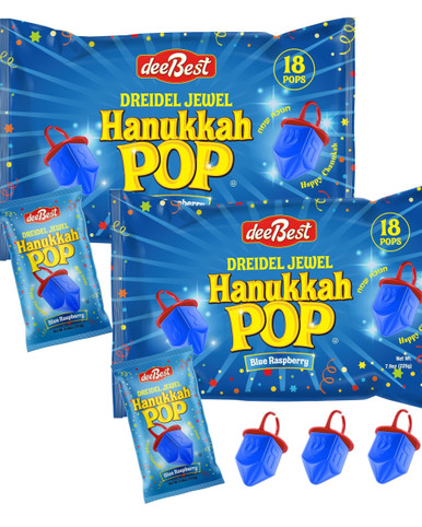 Dreidel Jewel Pop Hanukkah Blue Raspberry Ring-Shaped Lollipops, Kosher Candy, Individual Wrapped Holiday Treats, 36 Count