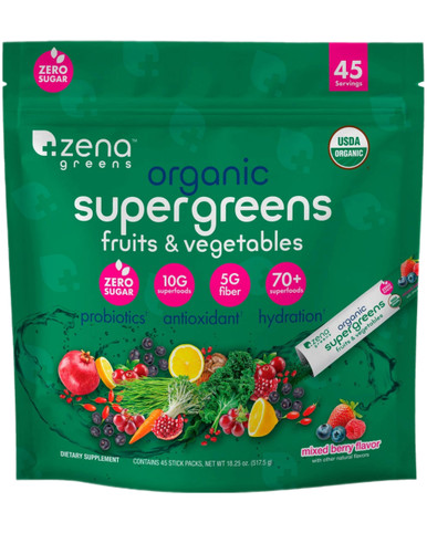 Zena Greens Organic Supergreens Powder, Mixed Berry, 45 Servings, Zero Sugar, 70+ Superfoods