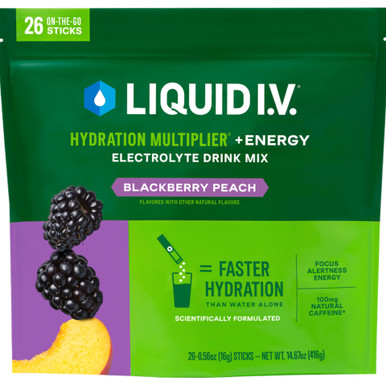 Liquid IV Hydration Multiplier + Energy, Blackberry Peach, 26 Sticks, Electrolyte Drink Mix with Caffeine