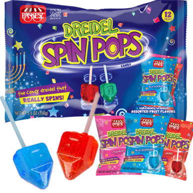 Dreidel Spin Pops, Assorted Fruit Flavors, Spinning Hanukkah Candy Lollipops, Individually Wrapped, Kosher Parve, 12 Count
