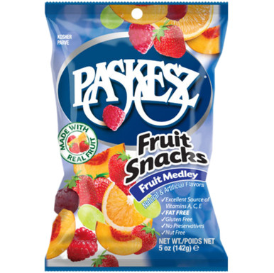 Paskesz Fruit Snacks, Fruit Medley Flavor, Fat Free, Gluten Free, 5 oz