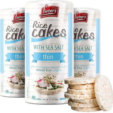 Lieber's Thin Rice Cakes with Sea Salt, Gluten Free, Vegan, 18 Cakes, (Pack of 3)