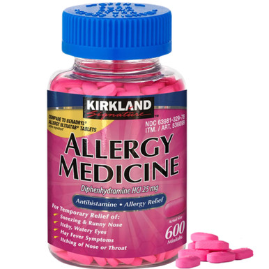 Kirkland Signature Allergy Medicine, Diphenhydramine HCl 25mg, Antihistamine for Allergy Relief, 600 Minitabs