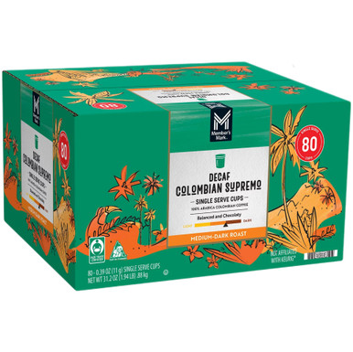 Member's Mark Decaf Colombian Supremo Coffee K-Cups, Medium-Dark Roast, 80 Count