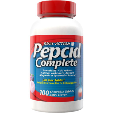 Pepcid Complete Dual Action, Berry Flavor Chewable Tablets, 100 Count, Acid Reducer + Antacid, Fast Heartburn Relief