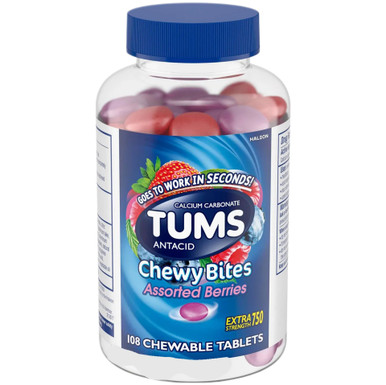 TUMS Chewy Bites Antacid, Assorted Berries Flavor, 108 Chewable Tablets, Extra Strength 750mg Calcium Carbonate