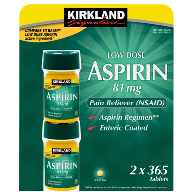 Kirkland Signature Low Dose Aspirin 81mg, Pain Reliever (NSAID), Enteric Coated, 2 x 365 Tablets