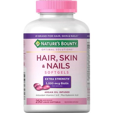 Nature's Bounty Hair Skin & Nails, Extra Strength 5000mcg Biotin, 250 Softgels, with Argan Oil, Vitamins C & E