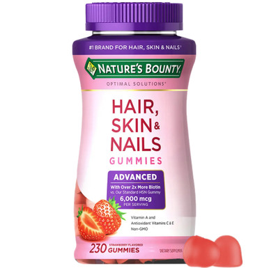 Nature's Bounty Hair Skin & Nails Gummies, Advanced Formula with 6000mcg Biotin, Strawberry Flavored, 230 Count