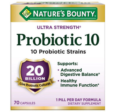 Nature's Bounty Ultra Strength Probiotic 10, 20 Billion Live Cultures, 10 Probiotic Strains, 70 Capsules