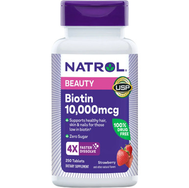 Natrol Biotin 10,000mcg Fast Dissolve Tablets, Strawberry Flavor, 250 Count