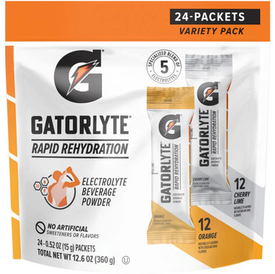 Gatorlyte Rapid Rehydration Electrolyte Powder, Orange and Cherry Lime Variety Pack, 24 Packets