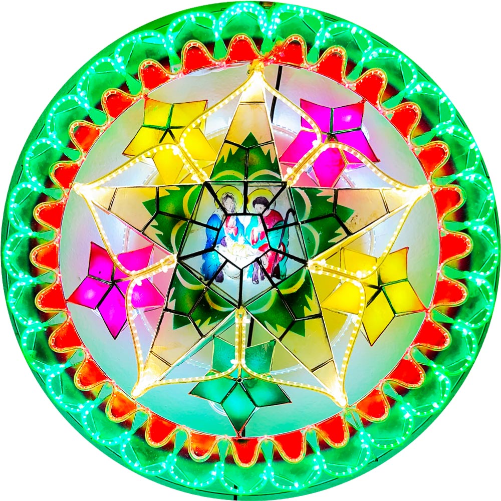 Philippines Christmas Capiz Parol Lantern Star (Tala) Nativity Scene - Green / Red / White LED Show - Size 24