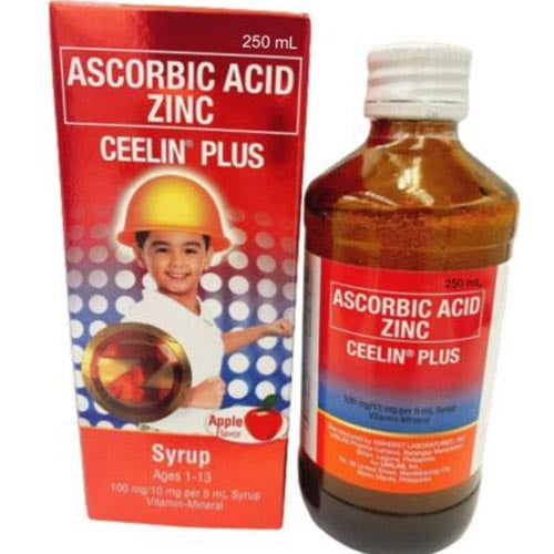 Ceelin Plus - Ascorbic Acid Zinc - Vitamin For Ages 1 - 13 Year Old - 250 ML BIG - APPLE FLAVOR (RED)