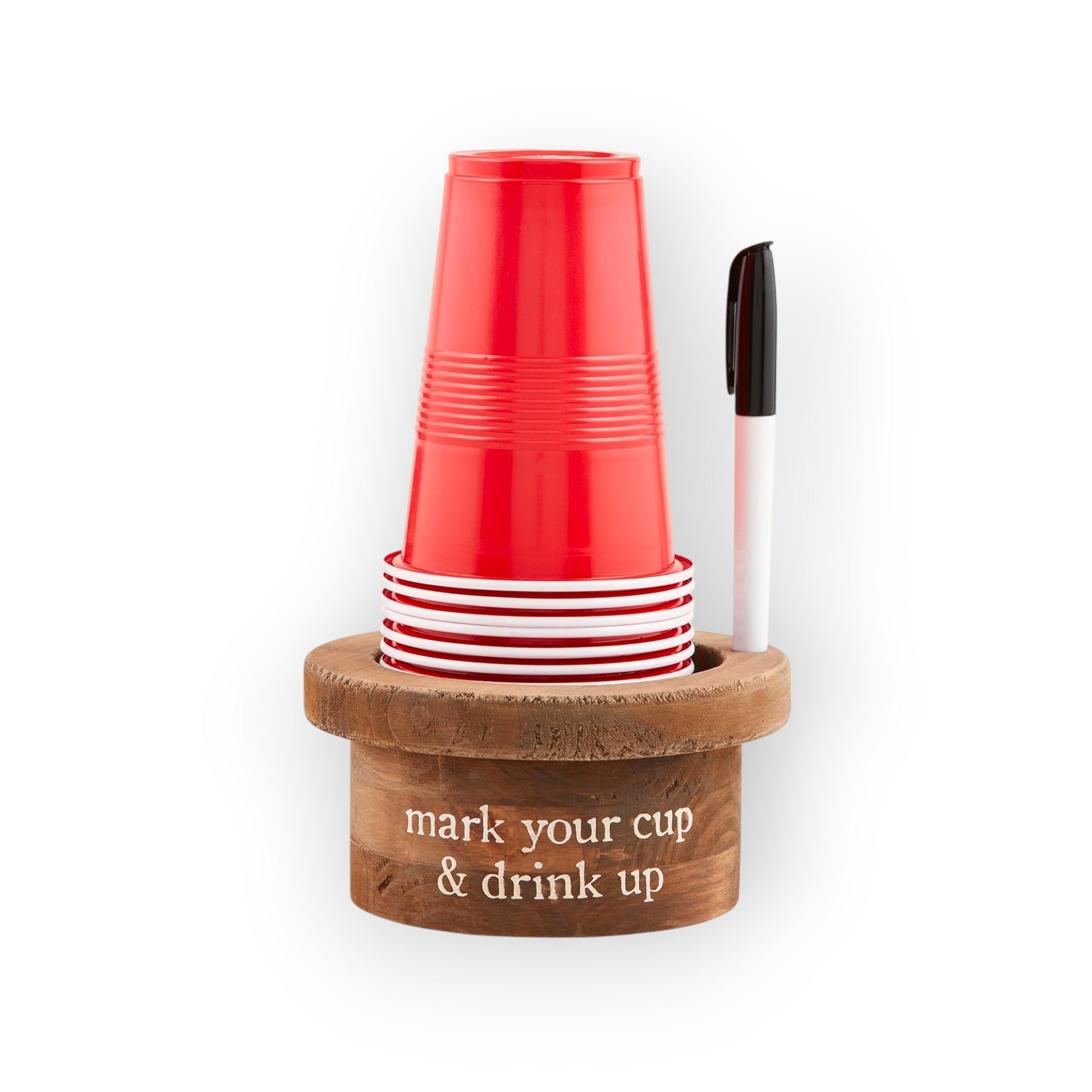 Disposable Cup & Marker Set with Wooden Base – 10 Plastic Cups