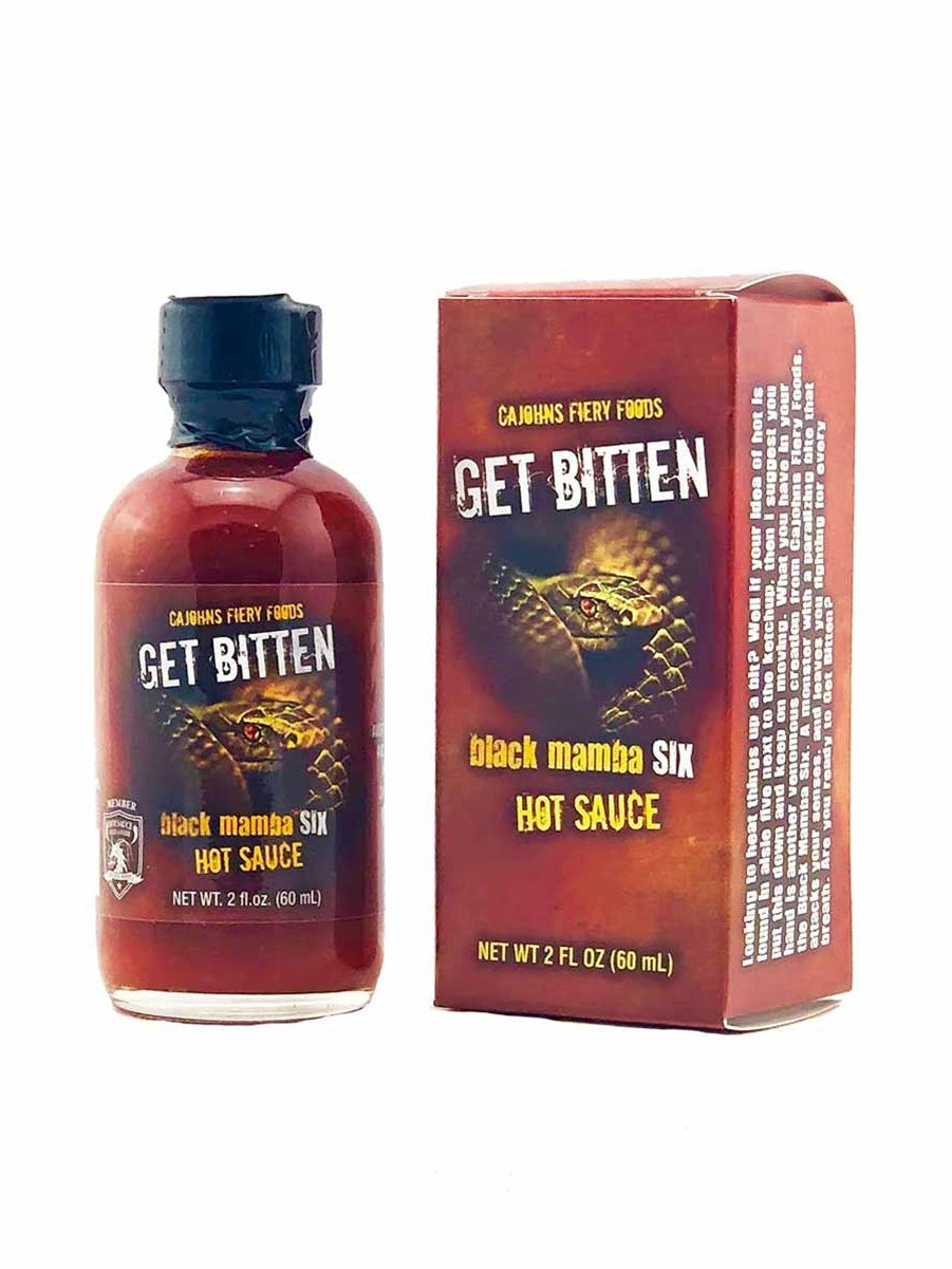 Hot Sauce Get Bitten Black Mamba Six Sauce 2 oz Heat 10+++Extract CaJo