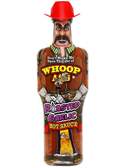 Hot Sauce Whoop Ass Roasted Garlic in a Cowboy shaped bottle with Red