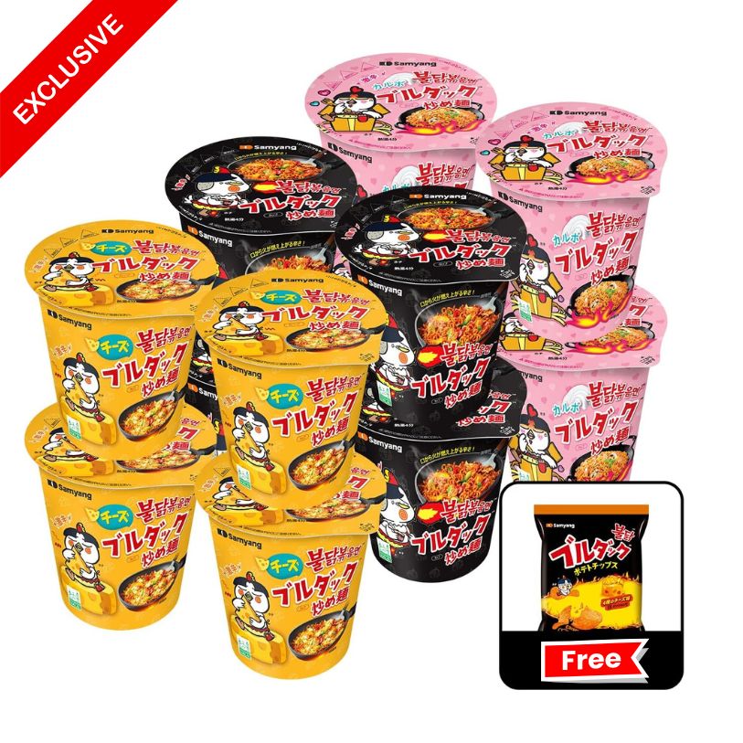Samyang Noodles Cup Box (12 Cups) + Free Buldak Potato Chips