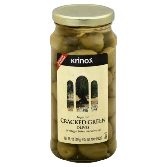 Krinos - Cracked Green Olives, 16 Oz | Pack of 6