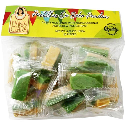 Maria Clara - Pastillas de Buko Pandan - Chewy Milk Candy with Young Coconut and Screw Pine Extract - 20 Pieces - 133 G