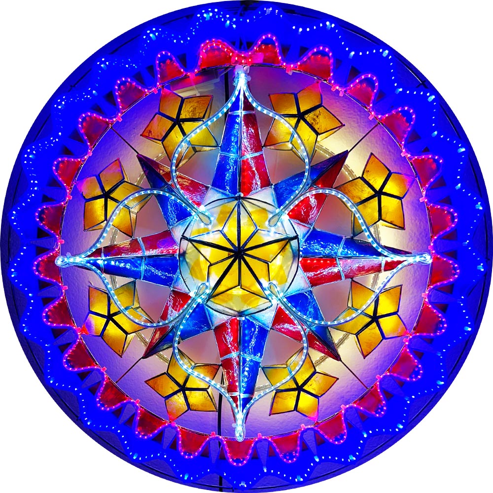 Philippines Christmas Capiz Parol Lantern Star PH Color Design B (Tala) - Yellow / Red / White / Blue LED Show - Size 24