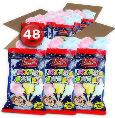 Lieber's Cotton Candy, Light and Fluffy, 0.8 oz Bags, Bulk Pack of 48, Blue and Red Carnival Treats