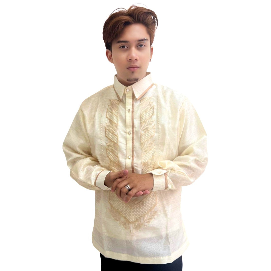 Barong Tagalog Special Double Lining with Piping Brown Leaves Design
