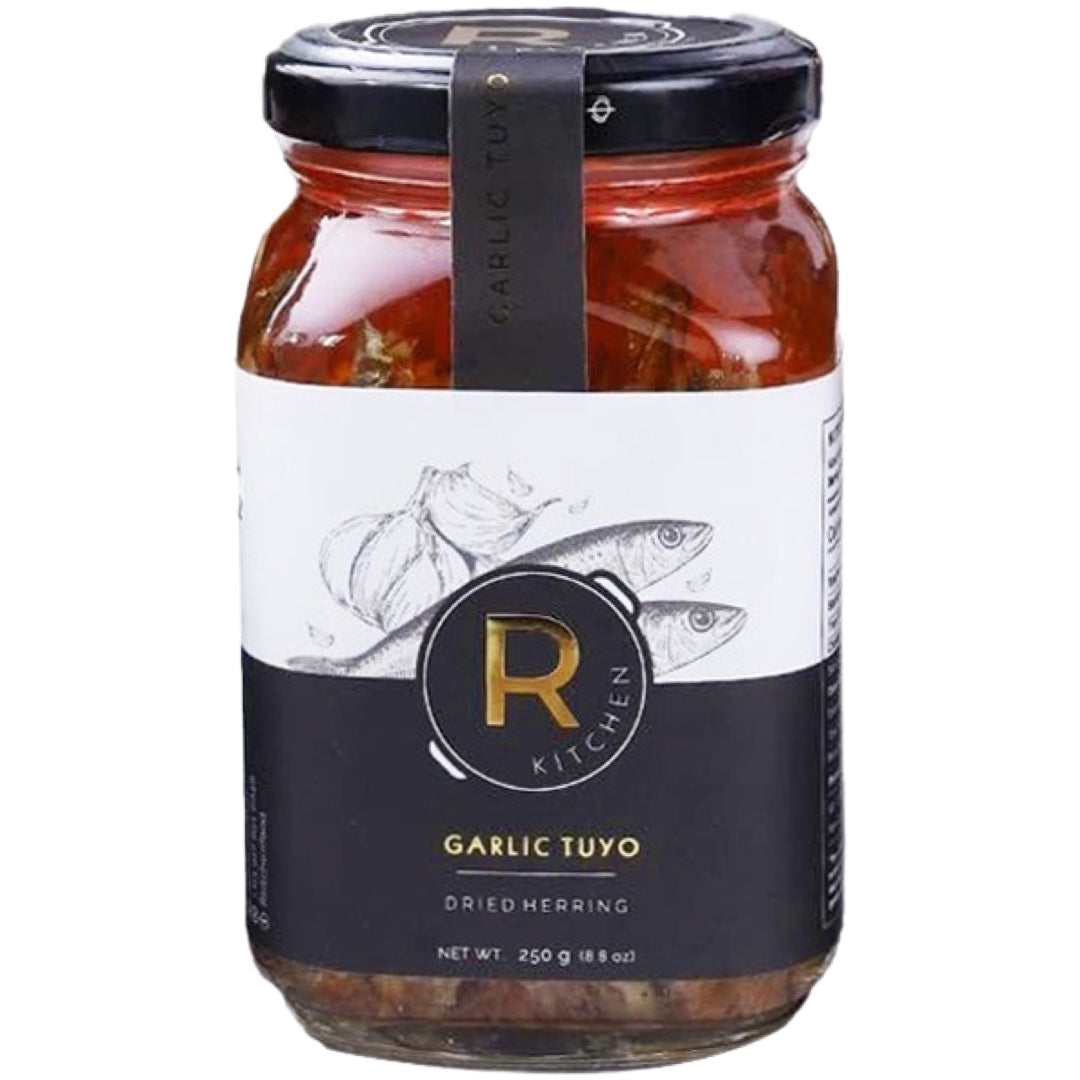 R Kitchen - Garlic Tuyo - Gourmet Pasteurized Bottled Deboned Dried Herring - 250 G