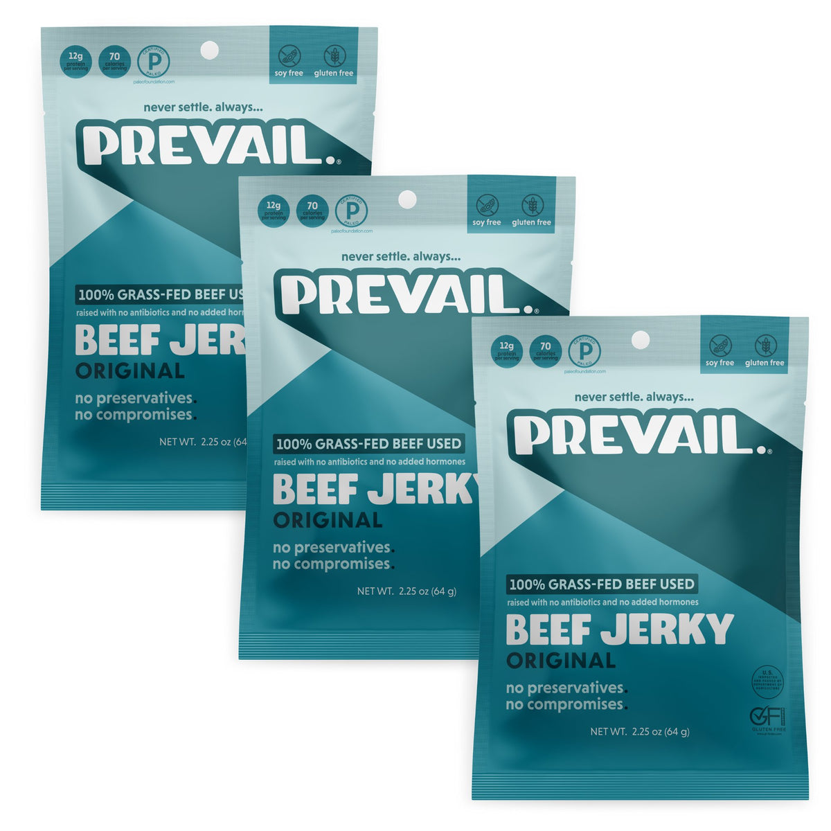 Prevail Jerky Beef Jerky, Original 100% Grass Fed - 3 Bags x 2.25 oz