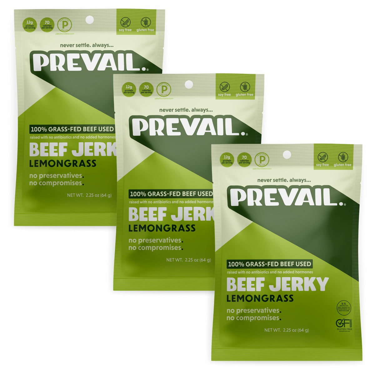 Prevail Jerky Lemongrass Beef Jerky, 100% Grass Fed - 3 Bags x 2.25 oz